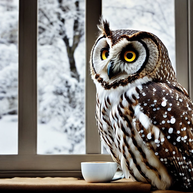 Indoor owl perched by window overlooking snowy landscape