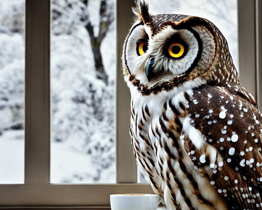 Indoor owl perched by window overlooking snowy landscape