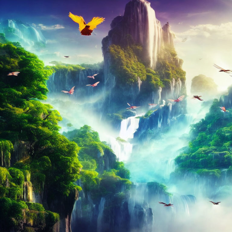 Scenic waterfalls cascading down lush cliffs under a mystical sky