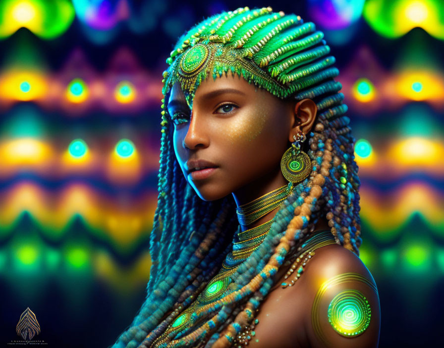 Woman with Blue-Green Braided Hair and Golden Adornments on Colorful Bokeh Background