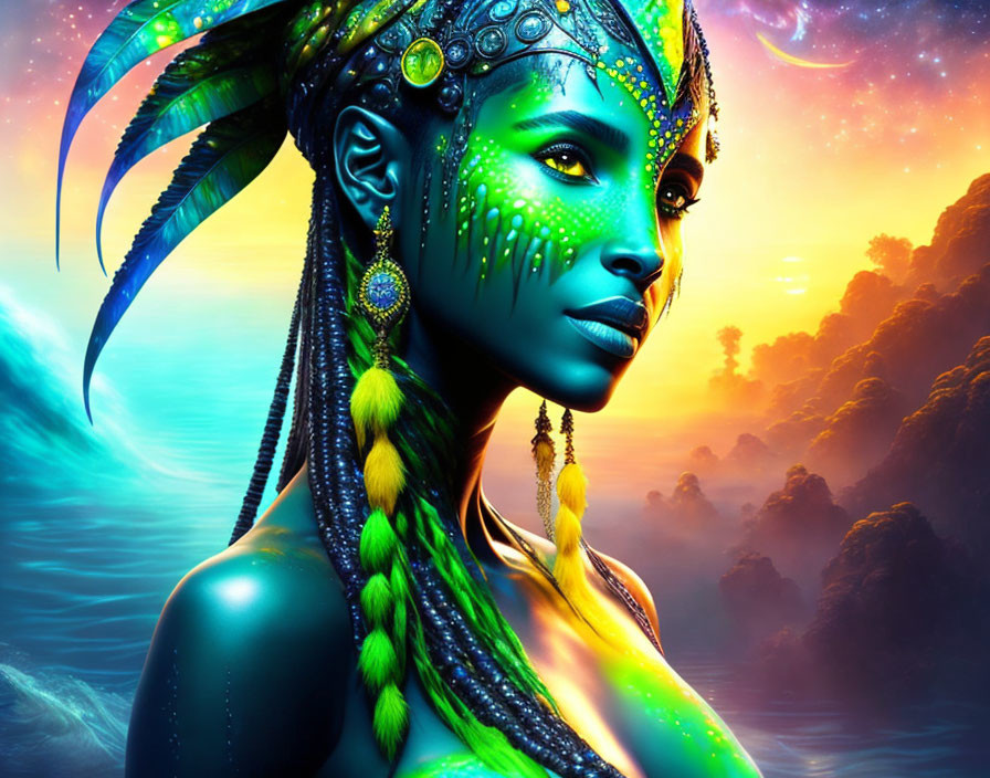 Colorful tribal woman art with green skin and jewelry against nebulous backdrop