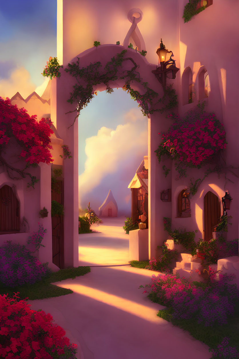 Tranquil path with pink flowers, sunlit arch, quaint houses, lanterns, and h