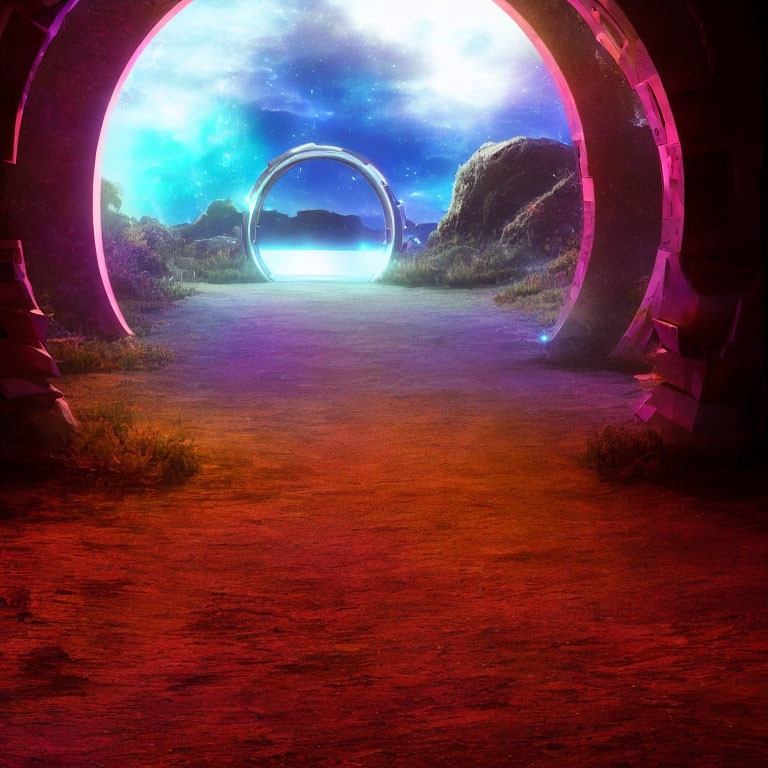 Sci-fi scene: Glowing portal rings on rugged path under dusky sky