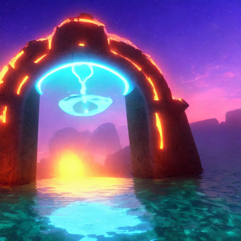 Futuristic archway over water with neon lights and UFO at sunset