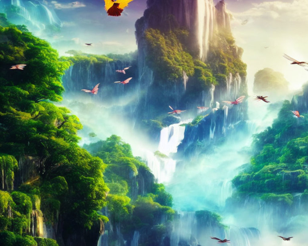 Scenic waterfalls cascading down lush cliffs under a mystical sky