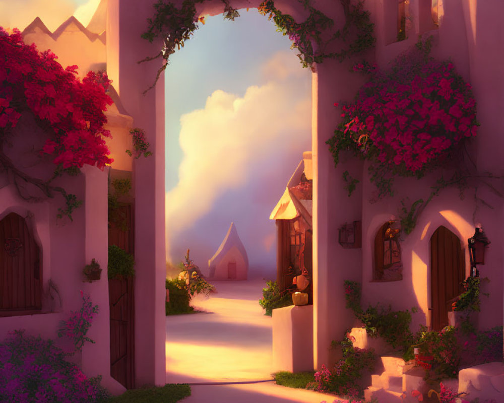 Tranquil path with pink flowers, sunlit arch, quaint houses, lanterns, and h