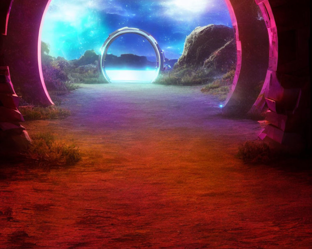 Sci-fi scene: Glowing portal rings on rugged path under dusky sky