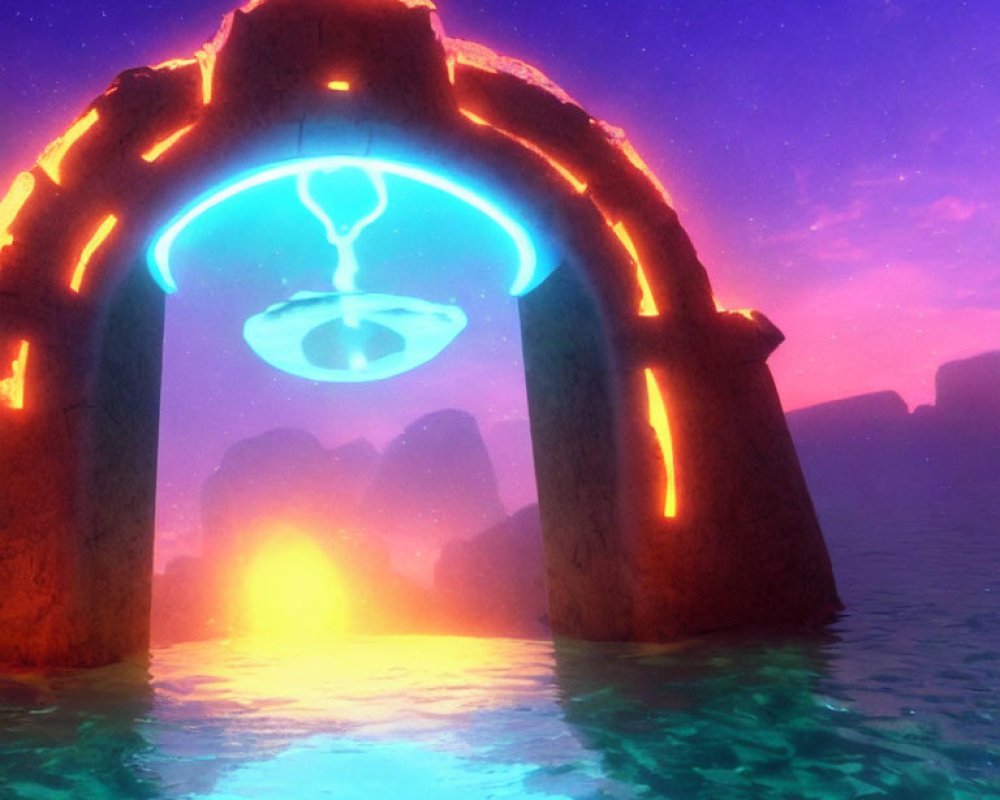 Futuristic archway over water with neon lights and UFO at sunset