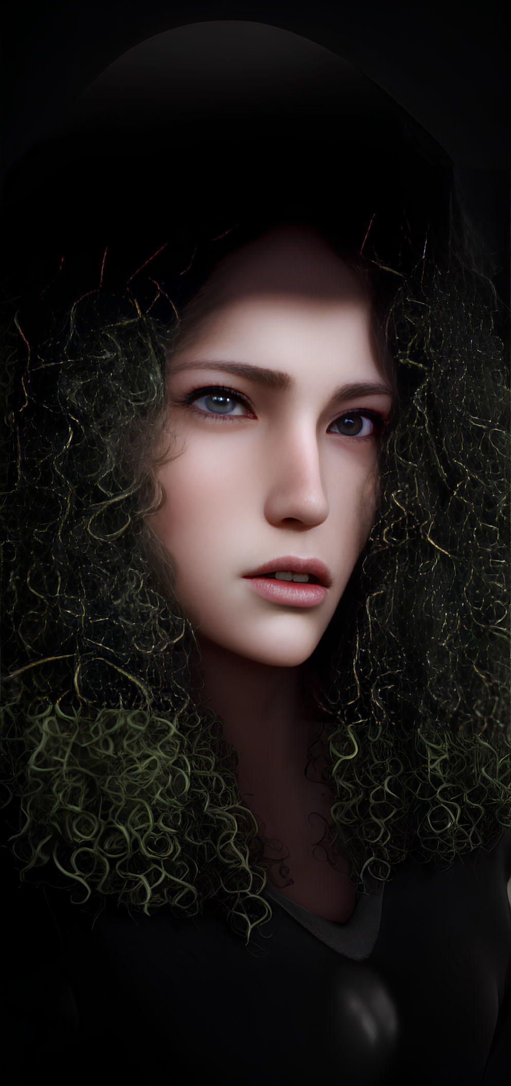 Digital portrait of pale-skinned woman with curly hair, dark hat, and piercing eyes on black background