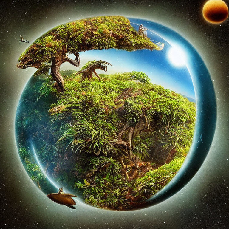 Surreal artwork of lush green planet in bubble with cosmic backdrop
