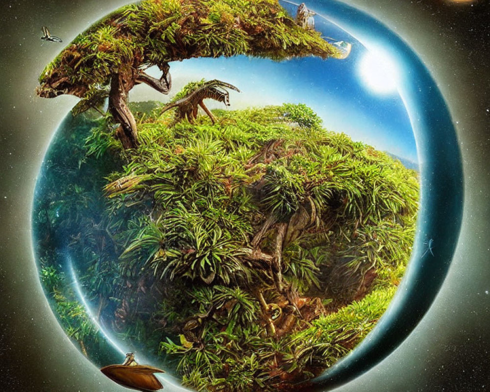 Surreal artwork of lush green planet in bubble with cosmic backdrop