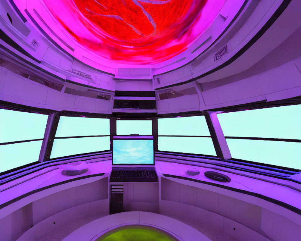Futuristic control room with neon lighting and central console