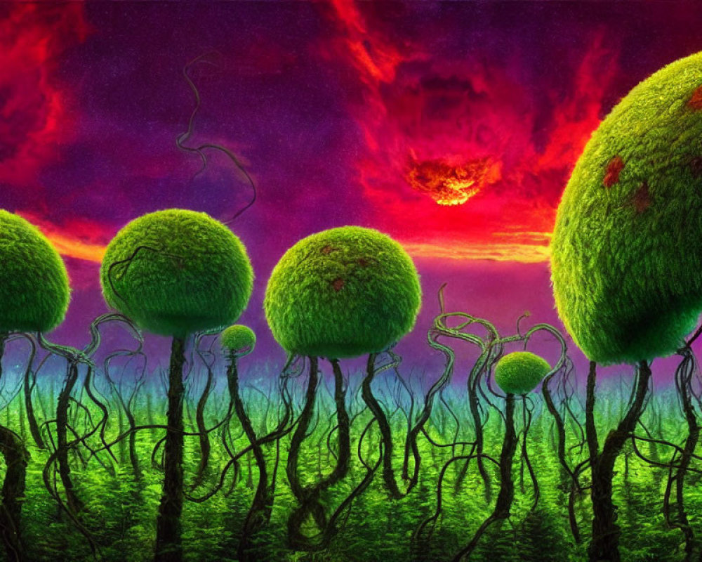 Grass-Covered Spheres on Twisted Branch-Like Structures in Surreal Landscape