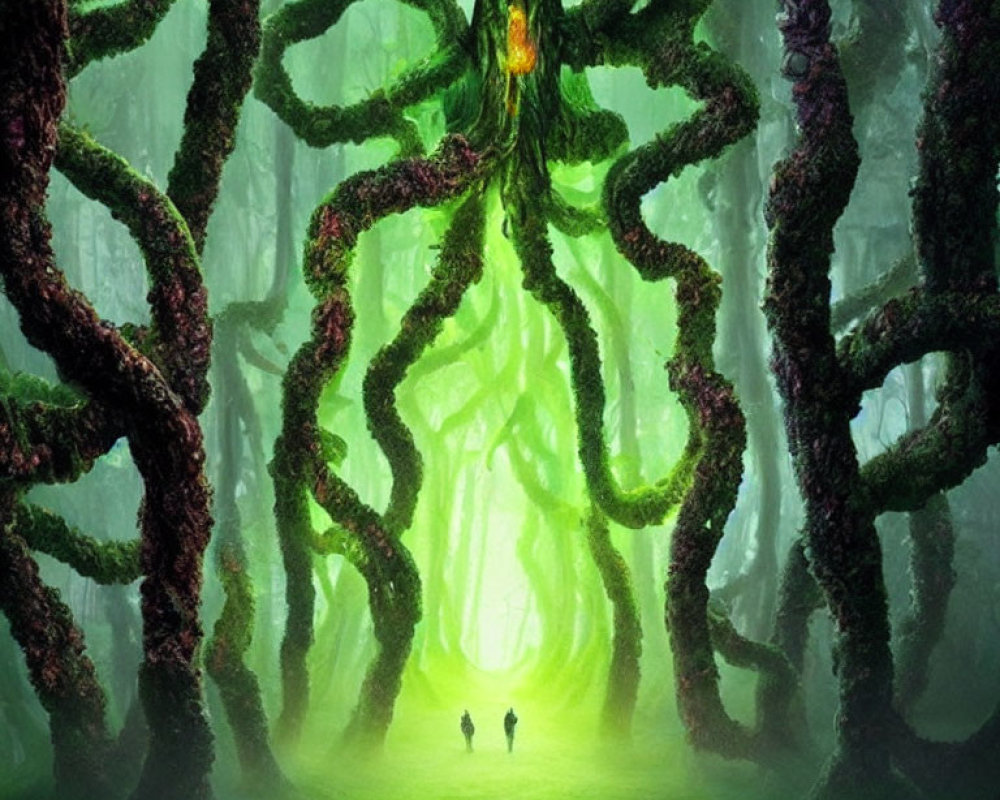 Mystical forest scene with twisted trees, moss, and distant figures