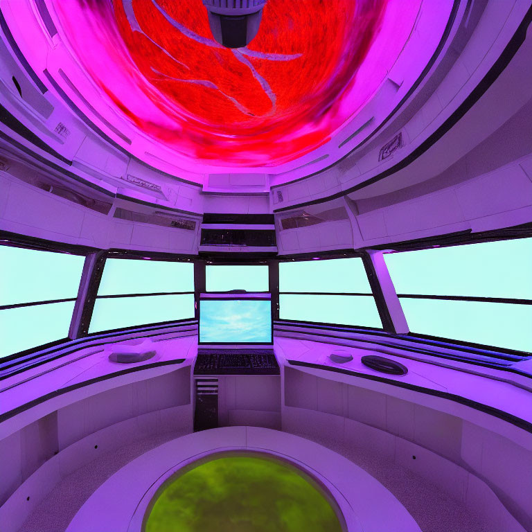 Futuristic control room with neon lighting and central console