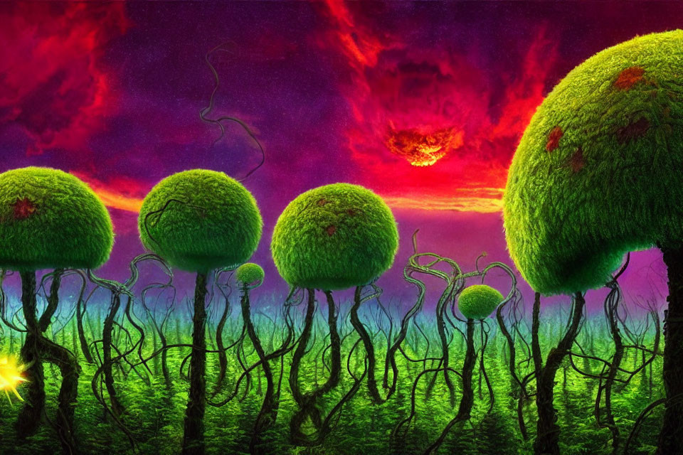 Grass-Covered Spheres on Twisted Branch-Like Structures in Surreal Landscape