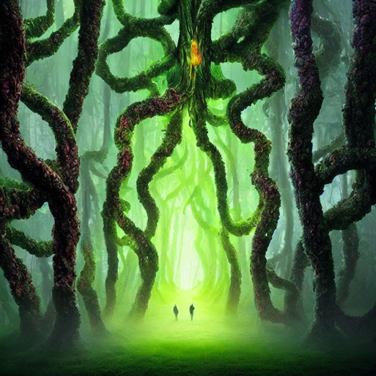 Mystical forest scene with twisted trees, moss, and distant figures