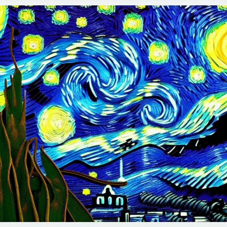 Colorful night sky painting with moon, stars, and sailboat village