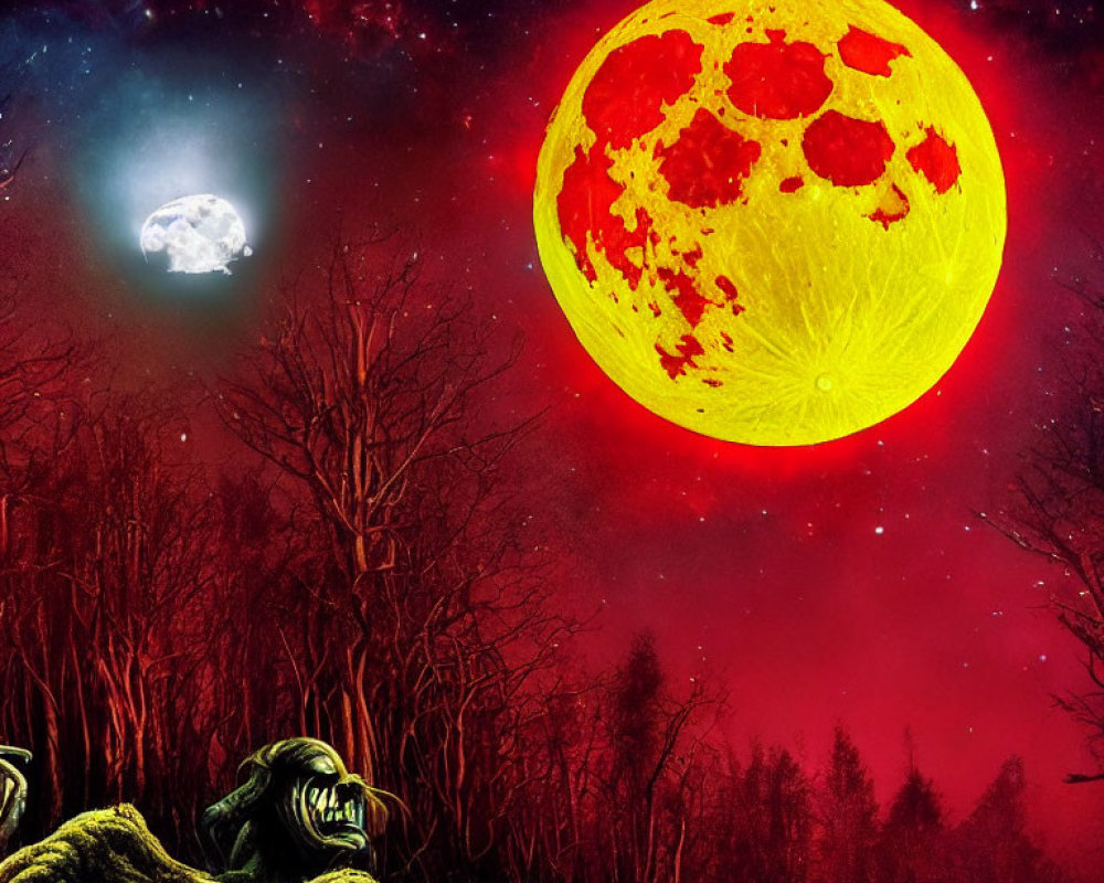 Fantasy landscape with giant yellow moon, white moon, red sky, bare trees, and green creature