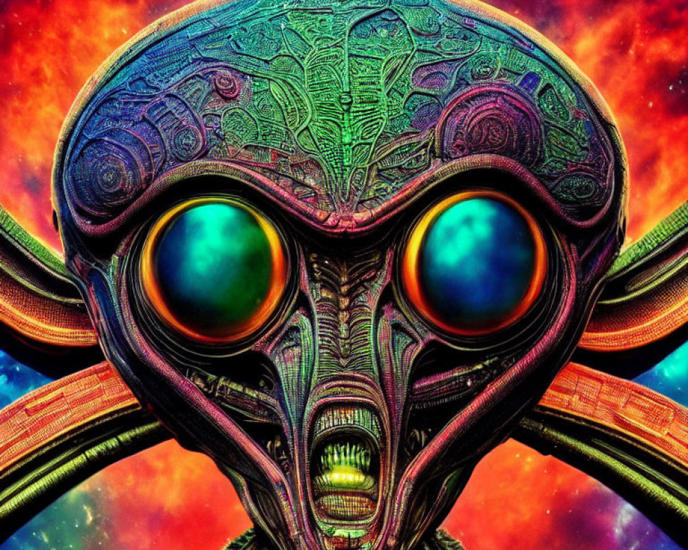 Colorful Alien Creature with Large Green Eyes in Cosmic Space