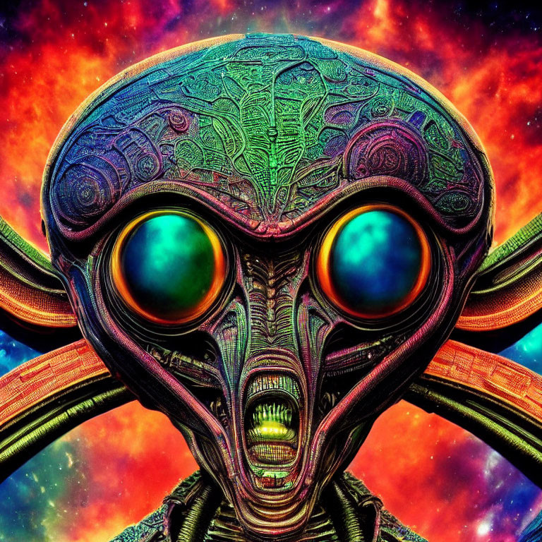 Colorful Alien Creature with Large Green Eyes in Cosmic Space