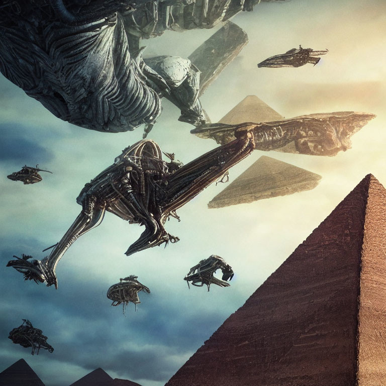 Futuristic flying vehicles over pyramids in stormy sky with giant statue