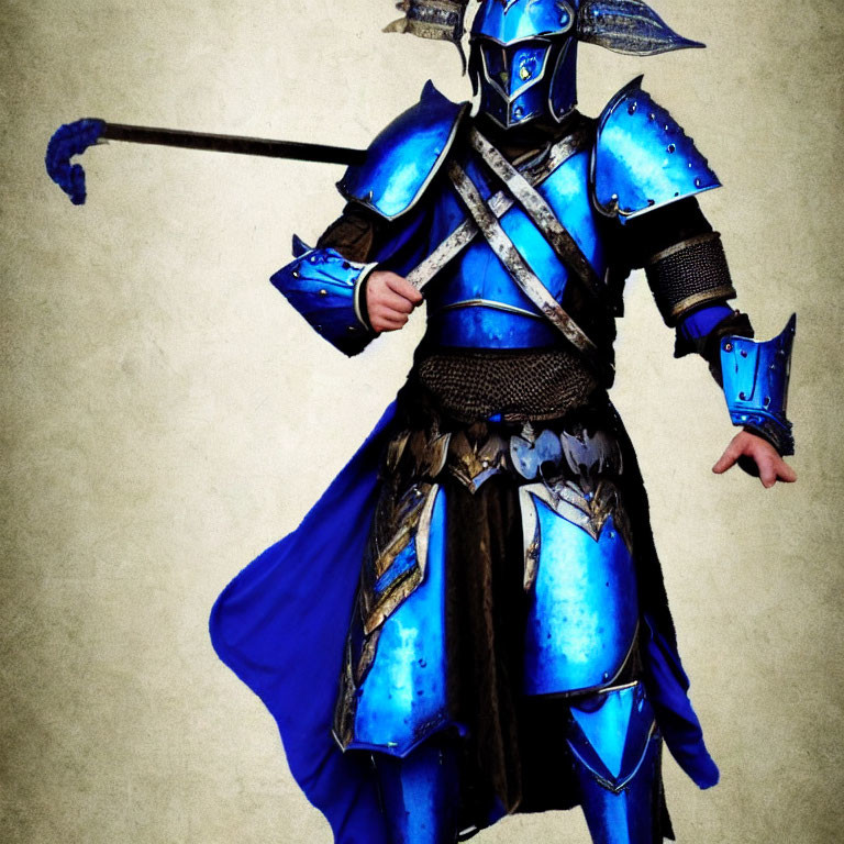 Ornate Blue Armor with Gold Accents and Pole Weapon on Beige Background