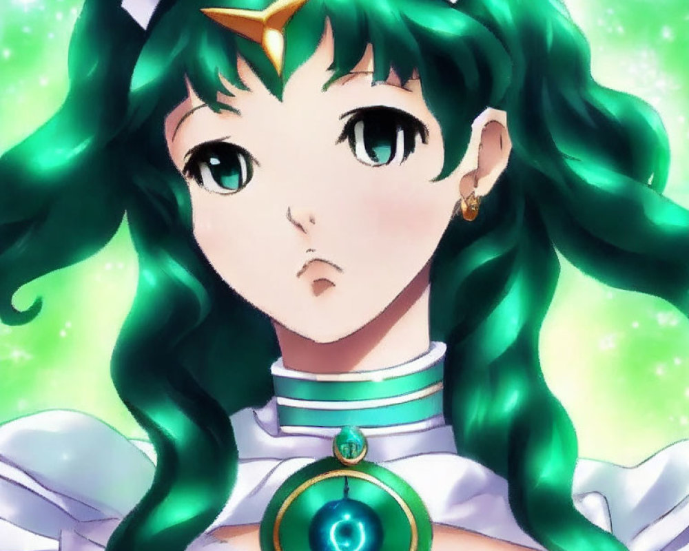 Anime-style female character with green hair and unique accessories