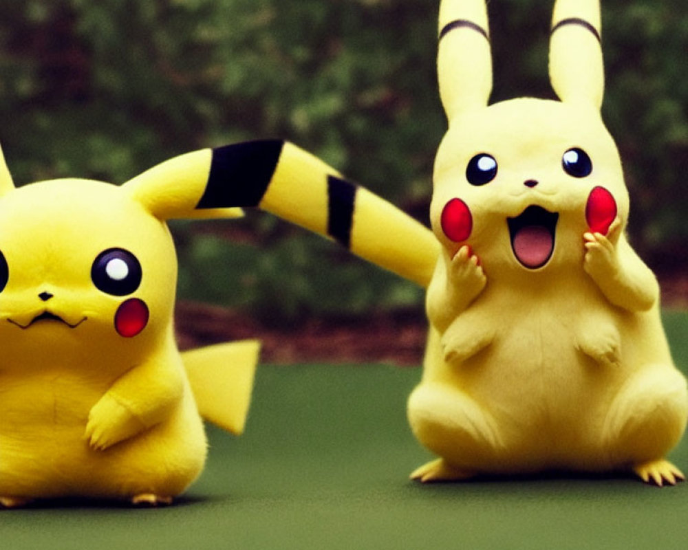 Two Pikachu Toys: One Standing Excitedly, One Sitting Beside