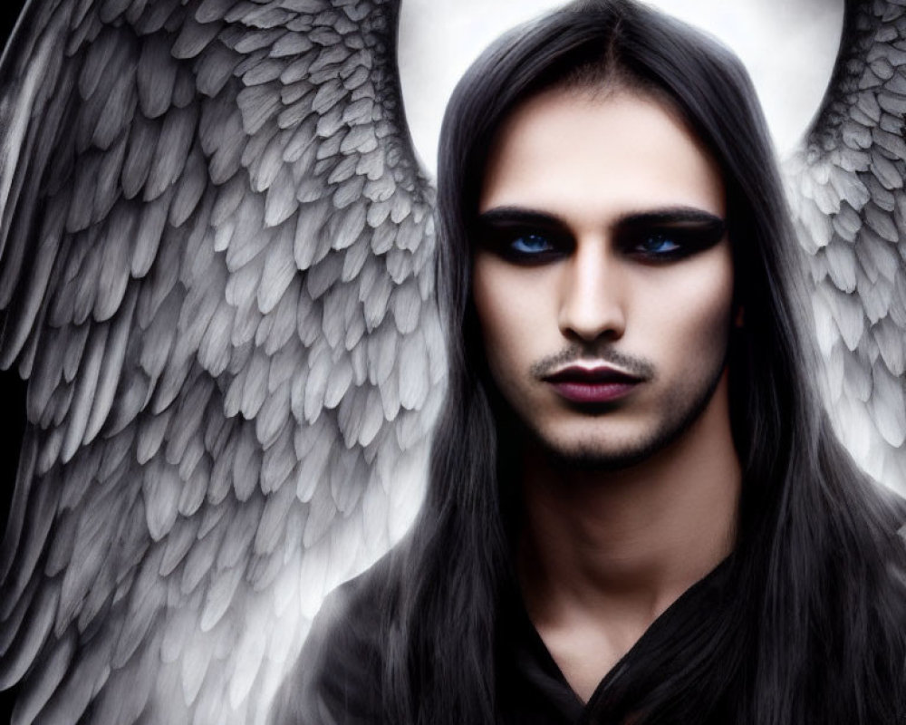 Dark-haired person with smoky makeup and angelic wings against smoky backdrop