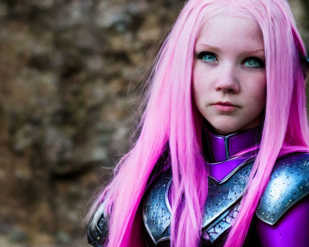 Person with Pink Hair and Green Eyes in Silver Armor Against Blurred Background