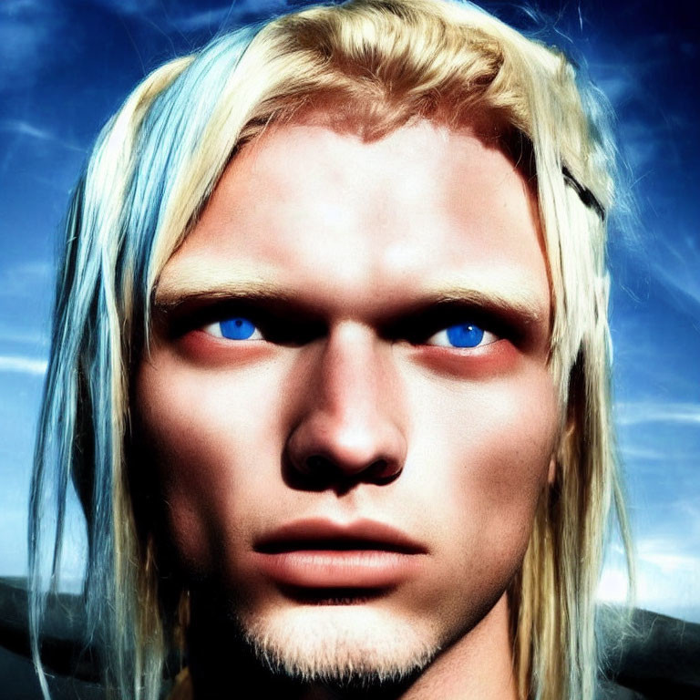 Portrait of a person with blue eyes and blond hair on a cloudy blue backdrop