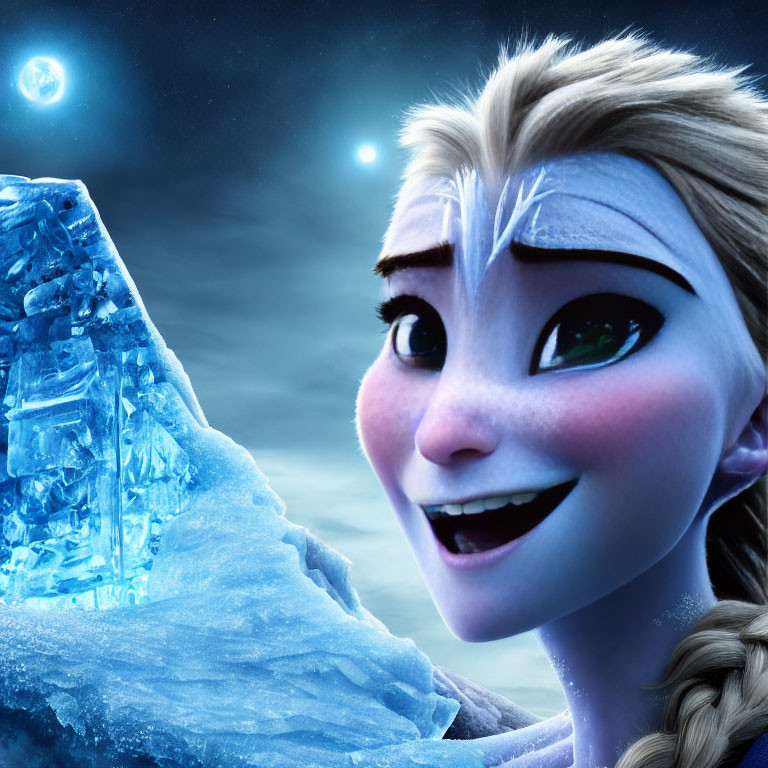 Animated female character with braid in snowy landscape with icy structure and two moons.