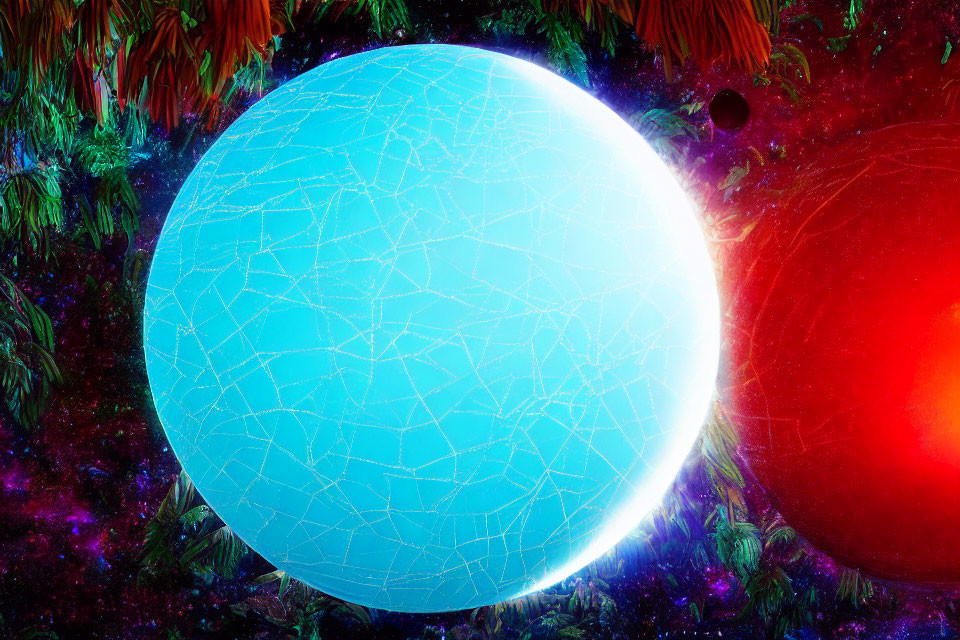 Colorful space scene with blue cracked planet and red celestial body amidst cosmic foliage