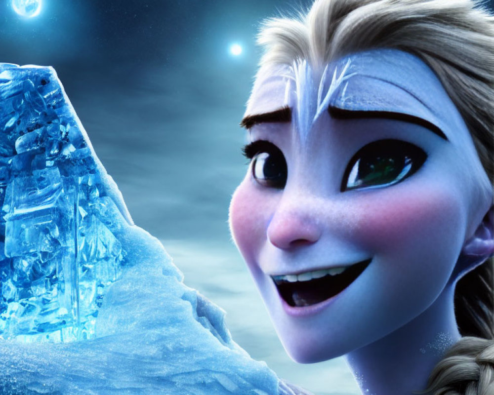 Animated female character with braid in snowy landscape with icy structure and two moons.