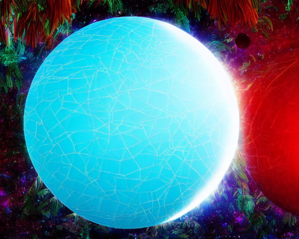 Colorful space scene with blue cracked planet and red celestial body amidst cosmic foliage