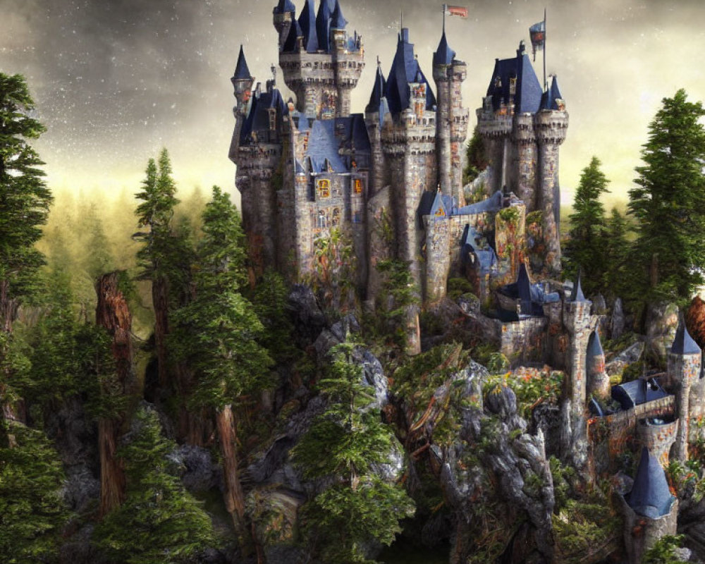 Enchanting castle on craggy cliffs in forest under starlit sky