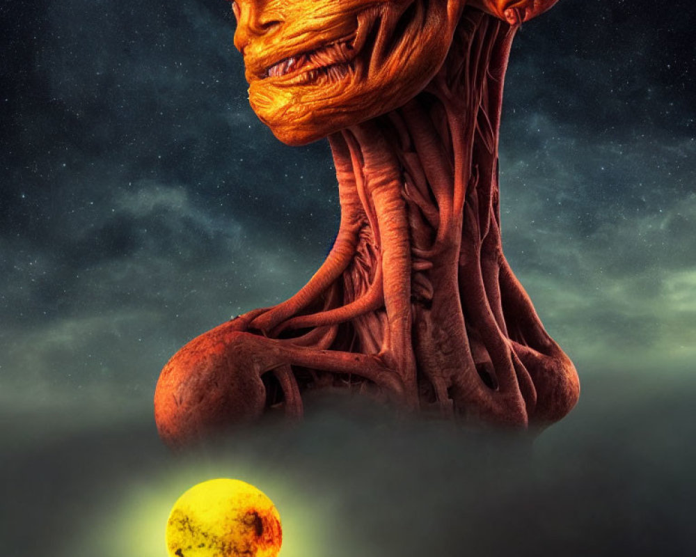 Surreal sculpture of elongated orange head with exposed muscles and yellow orb in starry sky