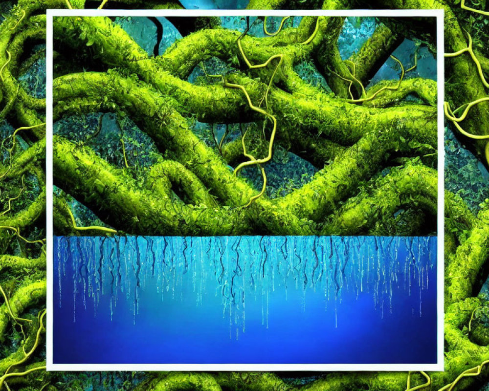 Serene underwater scene with moss-covered tree roots