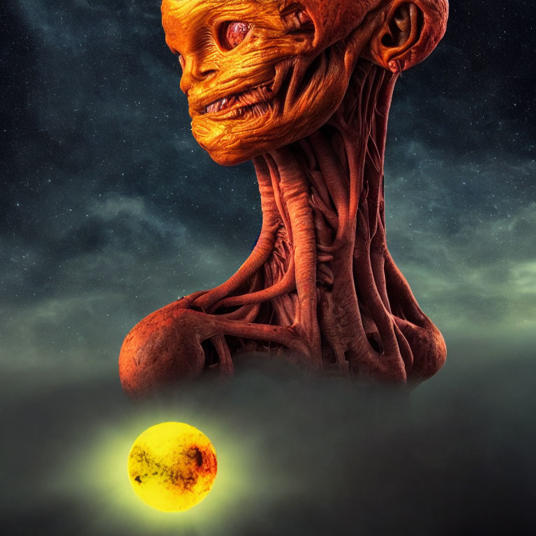 Surreal sculpture of elongated orange head with exposed muscles and yellow orb in starry sky