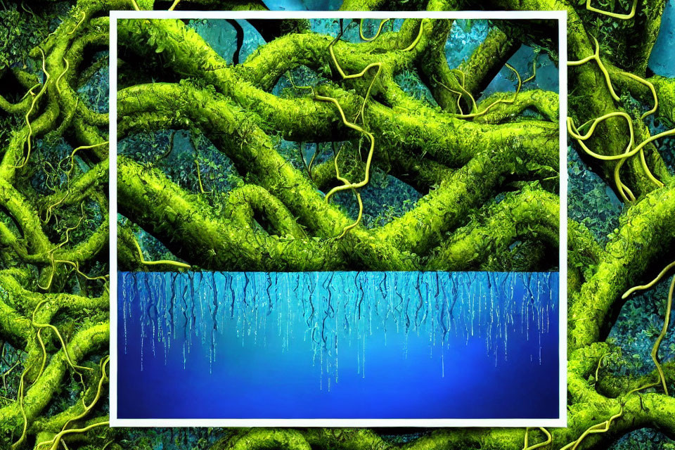 Serene underwater scene with moss-covered tree roots