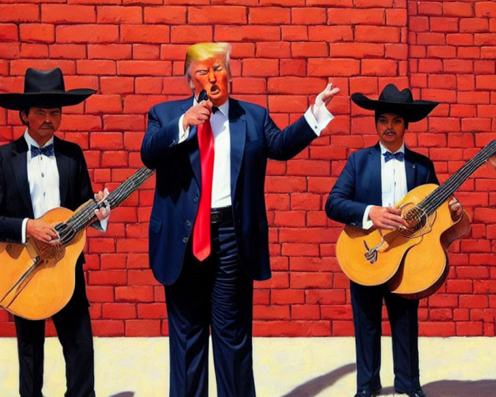 Man in Suit with Red Tie Caricature Standing by Brick Wall with Guitar Players