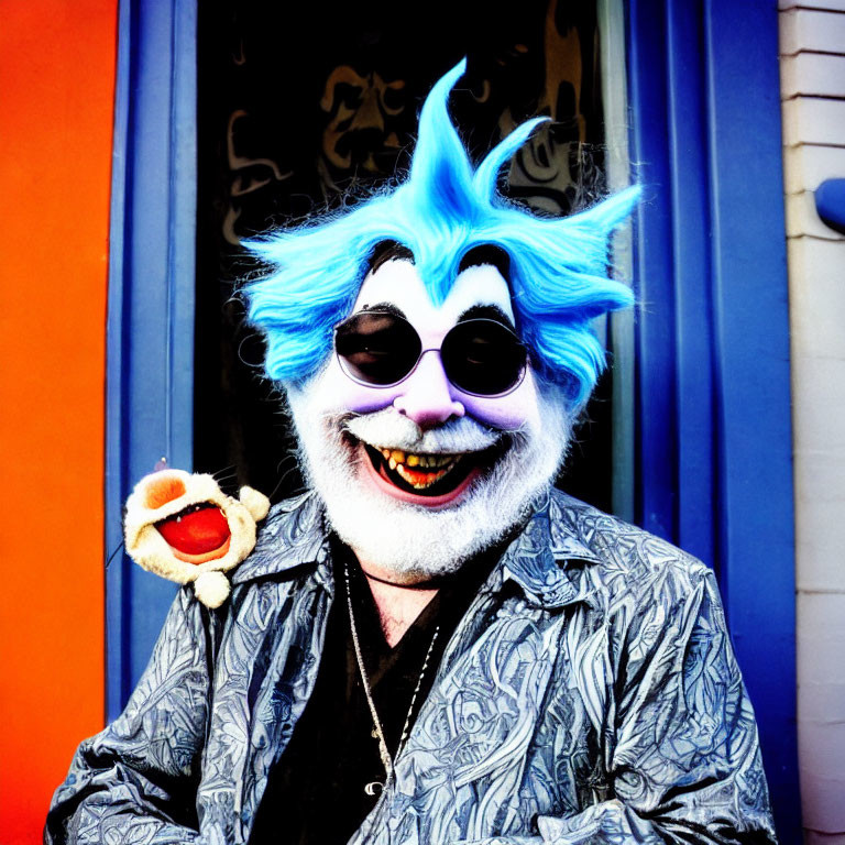 Person with Blue Wig and Puppet Smiling by Blue Door