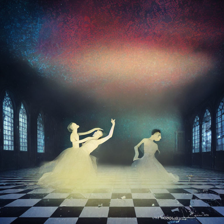 Ethereal dancers in grand hall with checkered floor