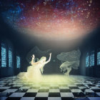 Ethereal dancers in grand hall with checkered floor