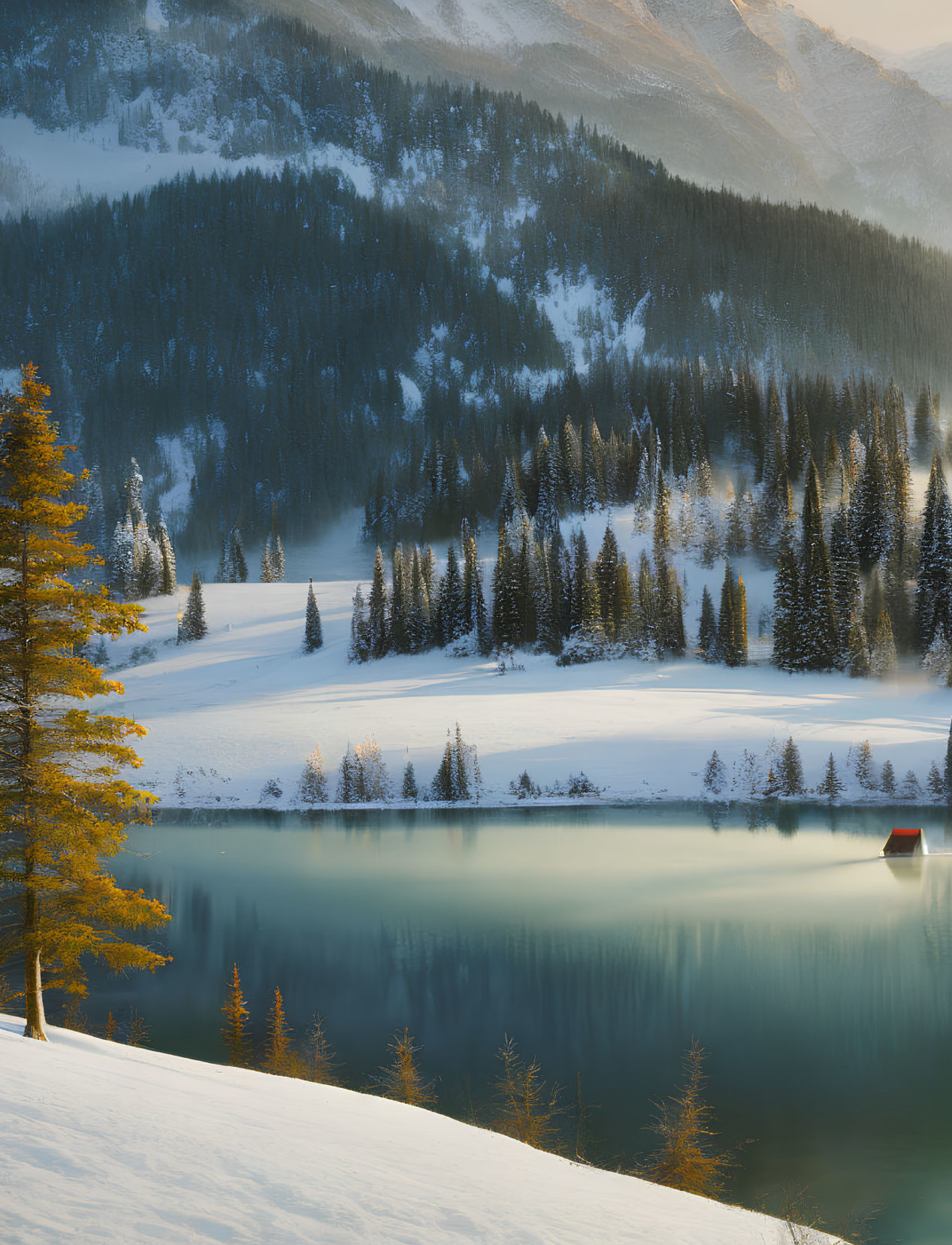 Snow-covered pine forest and calm lake in serene winter landscape