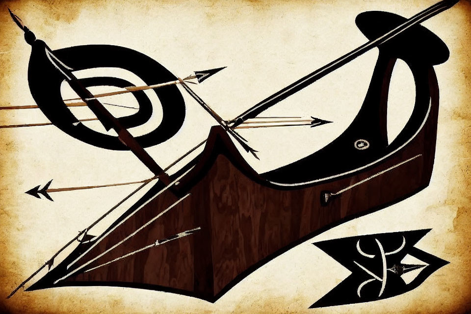 Violin and bullseye with arrows on sepia-tone background