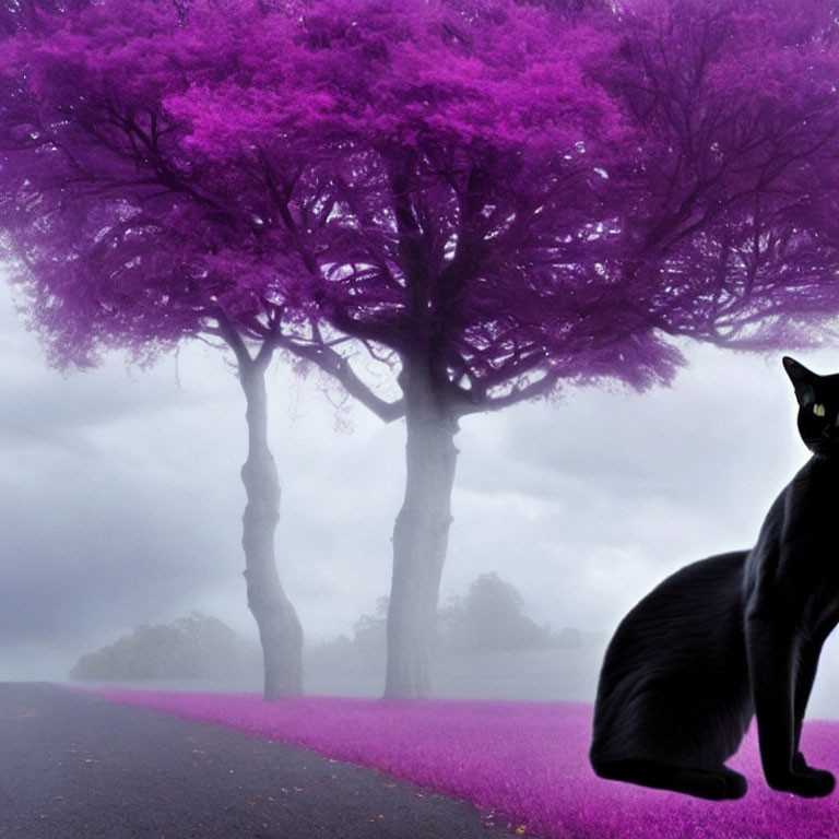 Black Cat Among Purple Trees and Grass on Misty Road