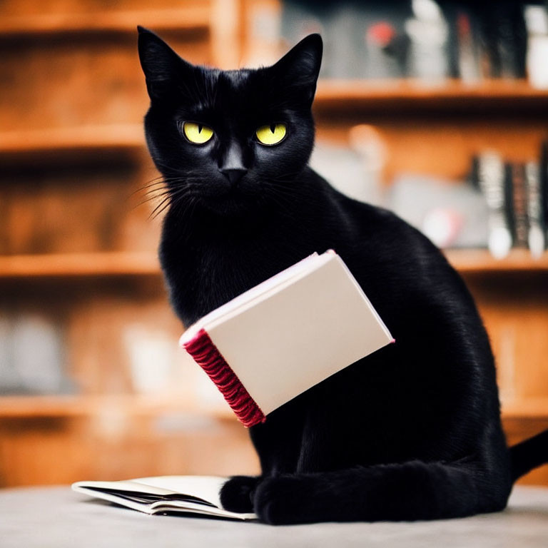 Black Cat with Yellow Eyes Holding Book on Wooden Surface