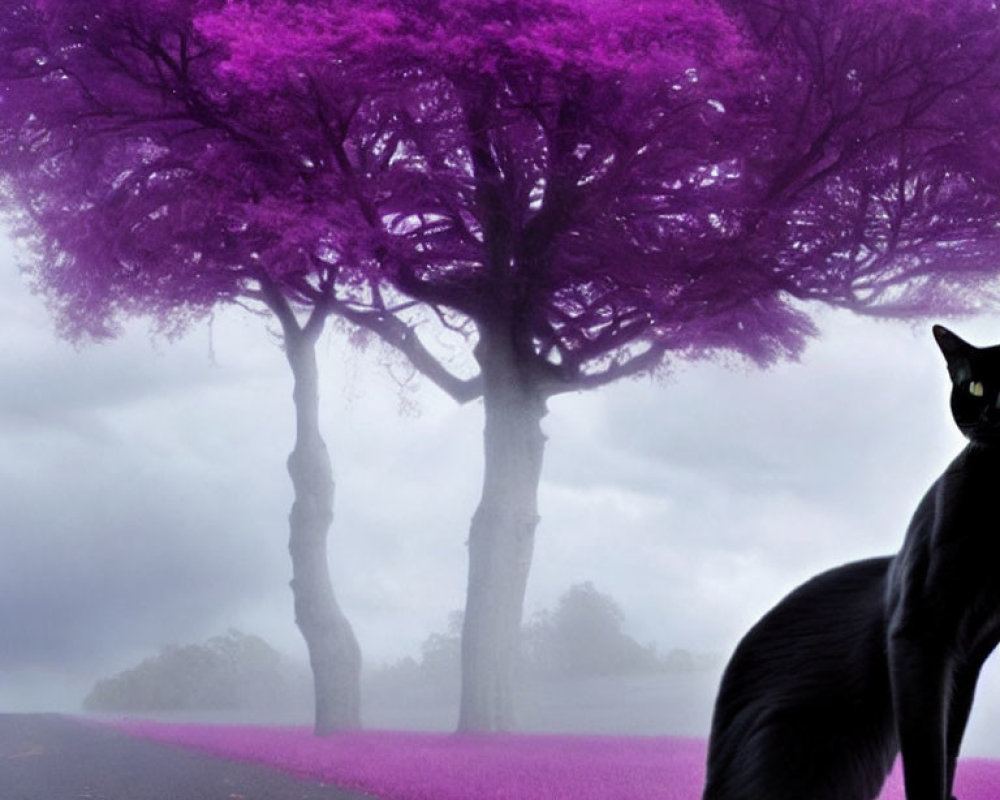 Black Cat Among Purple Trees and Grass on Misty Road